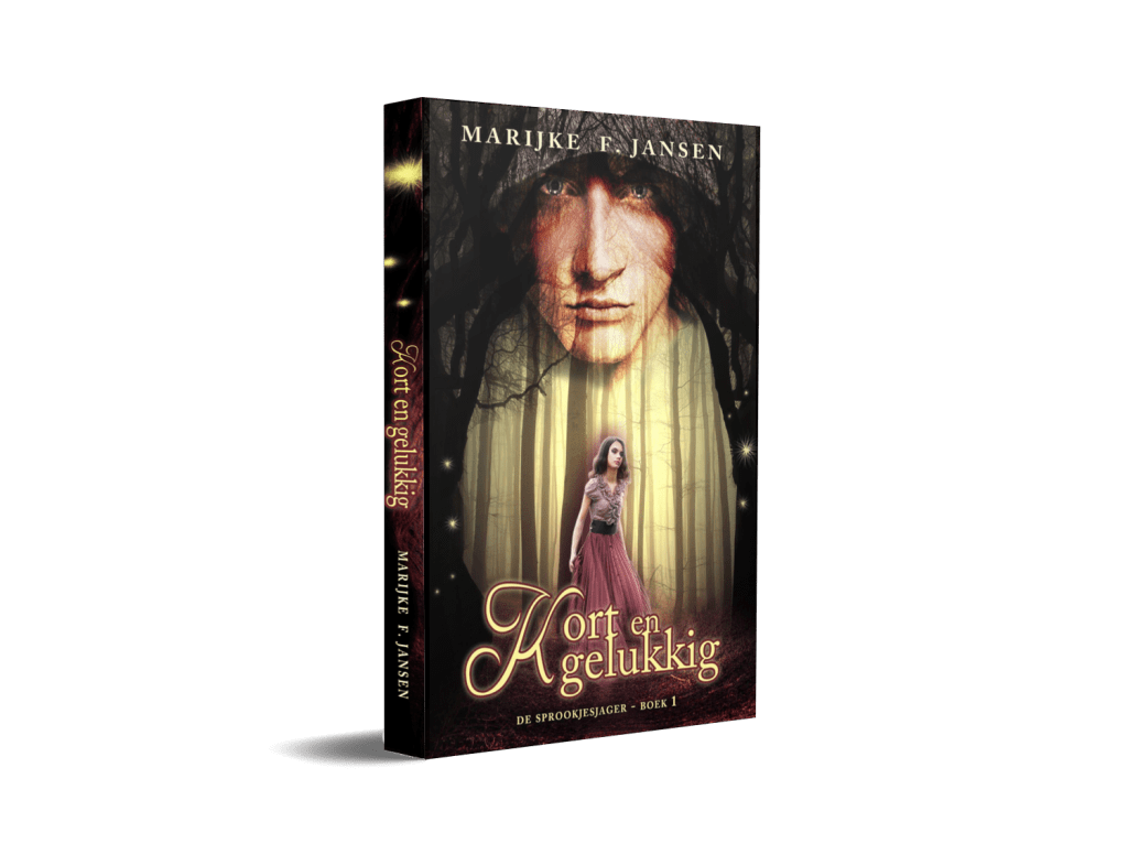 3D omslag van Kort en Gelukkig met bovenin het dreigende gezicht van de Sprookjesjager en onderin, in een gelig bos, een meisje.