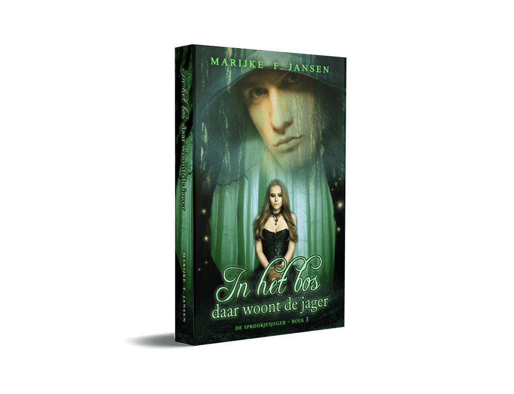 3D omslag van In het bos daar woont de jager met bovenin het dreigende gezicht van de Sprookjesjager en onderin, in een groenig bos, een meisje in een korset.